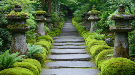 A peaceful forest path lined with moss-covered stones and delicate ferns, creating a fairytale-like scenery.の素材