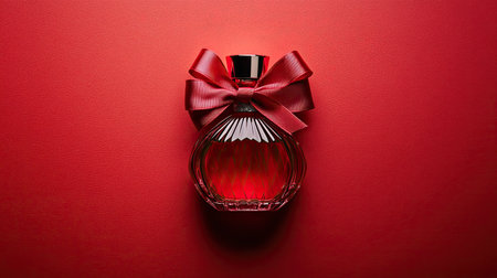 A luxury women's perfume bottle with a satin ribbon bow, positioned on a vibrant red background with natural shadows, perfect Valentine's Day gift.の素材