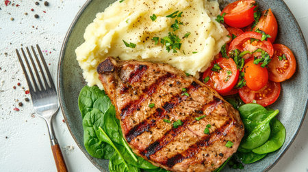 A rustic presentation of spicy grilled pork steak, accompanied by creamy mashed potatoes and a spinach tomato salad, flat lay on a white surface.の素材