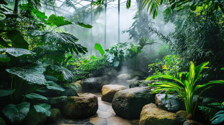 A misty tropical rainforest garden with rocks covered in dense moss, creating a tranquil and refreshing natural atmosphere.の素材