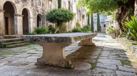 Aged stone table in the secluded cloister of the Convento dos Capuchos, evoking a sense of medieval simplicity.の素材