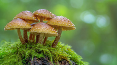 A stunning K macro shot of honey mushrooms with textured caps, thriving on a moss-covered tree stump in the woods.の素材