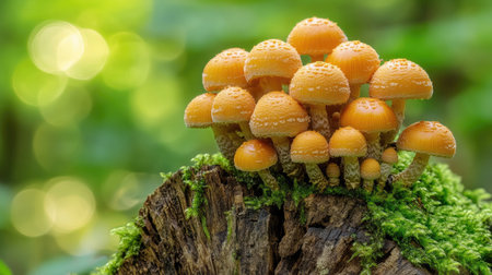A stunning K macro shot of honey mushrooms with textured caps, thriving on a moss-covered tree stump in the woods.の素材