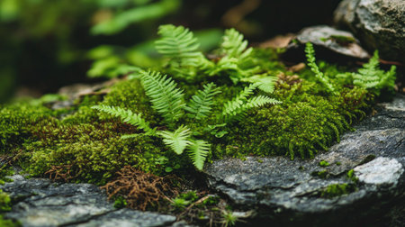 A mesmerizing macro shot of delicate moss and ferns unfurling on the surface of old, weathered rocks.の素材