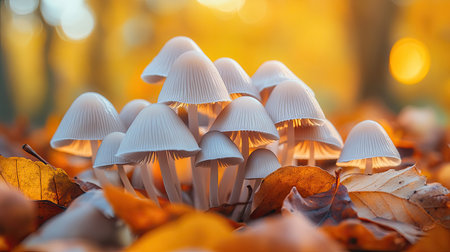 A magical K close-up of Mycena inclinata mushrooms bathed in soft morning light, nestled among fallen leaves.の素材