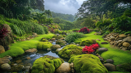 A picturesque tropical garden with rocks blanketed in thick, vibrant moss, reflecting the beauty of untouched nature.の素材