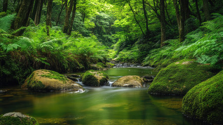 A tranquil Japanese brook meandering through a dense forest, surrounded by vibrant green ferns and moss-covered stones.の素材
