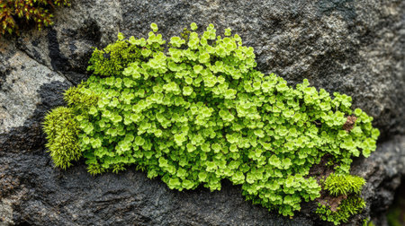 Close-up of fresh green moss growing on a rock, highlighting its intricate texture and vibrant color in a rainforest garden.の素材