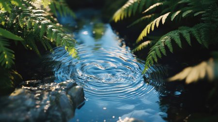 A tranquil Japanese forest brook, where tiny ripples form on the water's surface, surrounded by soft, feathery ferns.の素材