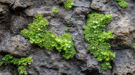 Close-up of bright green moss plants growing along the crevices of a rugged stone in a rainforest garden.の素材