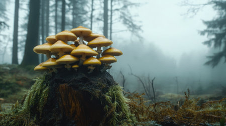 A peaceful woodland setting featuring honey mushrooms sprouting from a moss-covered tree stump, surrounded by mist.の素材