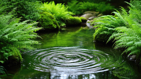 A tranquil Japanese forest brook, where tiny ripples form on the water's surface, surrounded by soft, feathery ferns.の素材