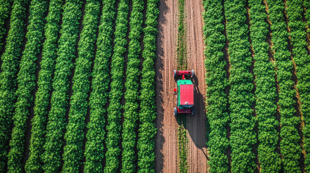 Aerial perspective of a large potato farm, with an automated irrigation system ensuring crop survival in an arid Middle Eastern zone.の素材