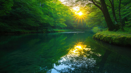 A soft, glowing sunset reflecting off the tranquil Oirase River, creating a breathtaking scene in the heart of nature.の素材