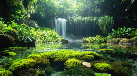 A vibrant rainforest composition featuring lush moss, tiny plants, and clear waterfall streams, creating a tranquil scene.の素材