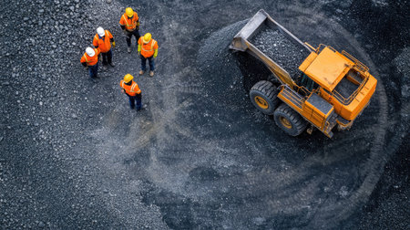 A team of quarry workers operating a stone crushing plant, ensuring smooth functioning of the belt conveyor system.の素材