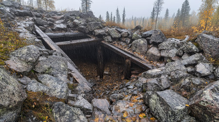 Ancient mine shaft in the Falun copper mine, showing remnants of Sweden's mining history, preserved as a UNESCO World Heritage site.の素材