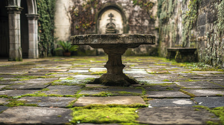 Atmospheric view of a medieval stone table at the Convento dos Capuchos, with overgrown ivy and mossy stone floors.の素材