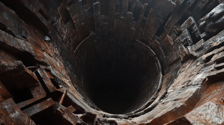 Ancient mine shaft of the Falun copper mine, now a UNESCO tourist attraction, displaying rich earthy tones and rough textures.の素材