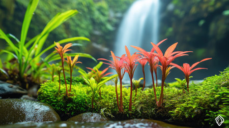 Delicate tropical plants growing between mossy stones, with a rushing waterfall in the background of Ka Teng Cheng.の素材