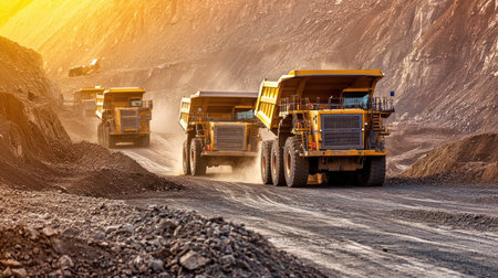 Large-scale mining project, where earthmoving trucks operate non-stop, moving massive quantities of soil and rock.の素材
