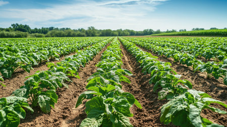 Expansive farmland panorama, featuring rows of potato plants with an advanced irrigation system, demonstrating GMO-free farming in dry conditions.の素材