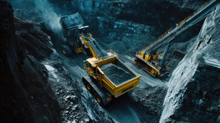 Heavy-duty mining truck unloading soil, as a conveyor system moves crushed rock to a large-scale processing facility.の素材