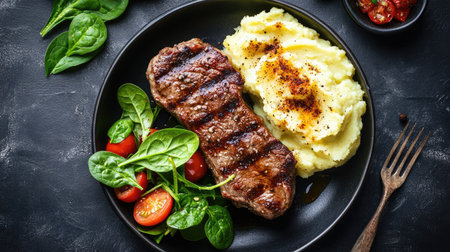 Flat lay of a classic grilled pork steak meal, featuring a delicious spicy marinade, smooth mashed potatoes, and a crisp spinach tomato salad.の素材