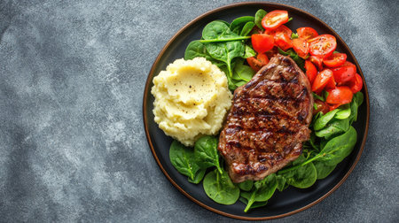 Flat lay of pork steak glistening with spicy marinade, next to buttery mashed potatoes and a vibrant spinach tomato salad, served on a plate.の素材