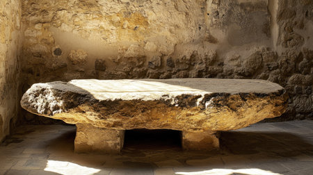 Historic stone table at the center of the medieval Capuchin Monastery, a relic of Portugal's monastic heritage.の素材
