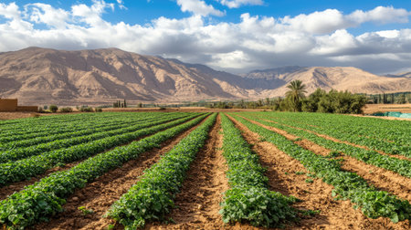 High-tech agriculture panorama, showing how potato farms use smart irrigation systems to succeed in Middle Eastern desert landscapes.の素材