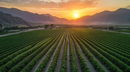 Immense agricultural panorama, showcasing the success of sustainable potato farming with desert-adapted irrigation technology.の素材