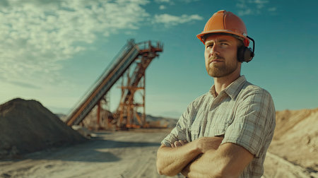 Industry worker with a radio, directing quarry operations near a stone crusher and belt conveyor system.の素材