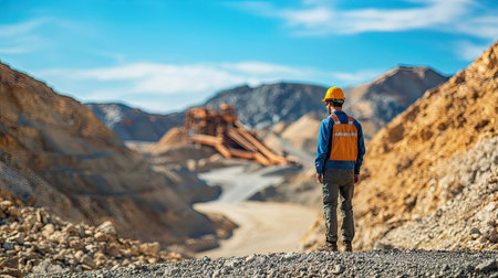 Industry worker engineer inspecting a sand quarry open-pit mine, with a stone crusher and belt conveyor in the background, wearing a safety helmet.の素材