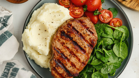 Juicy grilled pork steak, served with whipped mashed potatoes and a simple spinach tomato salad, presented in a stylish flat lay composition.の素材
