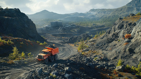 Haul truck on a steep mining road, navigating rocky paths while carrying freshly mined minerals to a processing plant.の素材