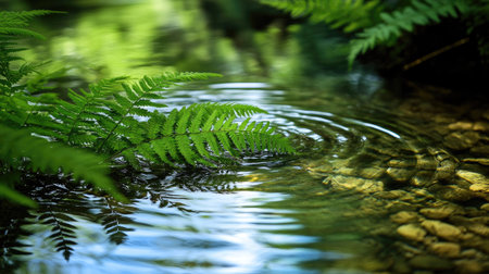High-resolution macro of ferns growing alongside a crystal-clear brook, with soft ripples reflecting the surrounding greenery.の素材
