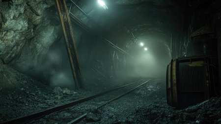 Foggy tunnel inside a deserted mine, with dust particles floating in the dim light, creating an eerie, ghostly atmosphere.の素材
