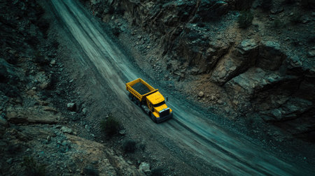 Haul truck on a steep mining road, navigating rocky paths while carrying freshly mined minerals to a processing plant.の素材
