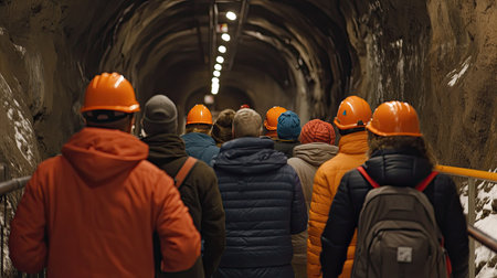 Low-lit mining tunnel in the Falun copper mine, leading visitors through Sweden's most famous historical copper excavation.の素材