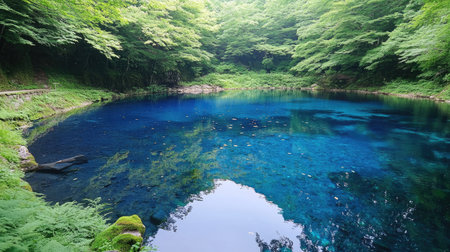 Lush moss and vibrant ferns line the banks of the Oirase River, as its crystal-clear waters reflect the beauty of nature.の素材
