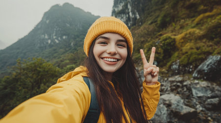 Adventurous woman in a yellow beanie takes a selfie, smiling and doing a victory sign with one hand, standing against rocky mountain peaks.の素材