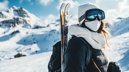 Adventurous woman wearing a mask and goggles carries skis over her shoulder, standing on a snowy mountain trail with bright skies.の素材