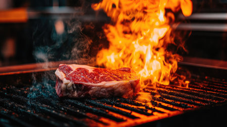 A juicy raw Tomahawk steak on a flaming grill, smoke rising as heat caramelizes the marbled fat.の素材