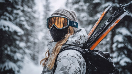 Action-ready skier in a face mask and goggles poses with skis on her shoulder, snowy pine forest framing the background.の素材