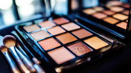 Beauty tools in action close-up of contouring palette and brush as makeup artist skillfully blends product on client's face. Soft studio lighting.の素材
