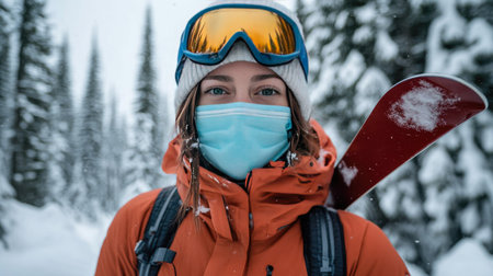 Action-ready skier in a face mask and goggles poses with skis on her shoulder, snowy pine forest framing the background.の素材