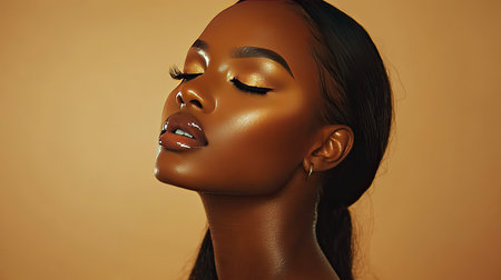 Beautiful woman with glowing skin poses elegantly against a beige background, her natural beauty enhanced by soft makeup and radiant lighting.の素材