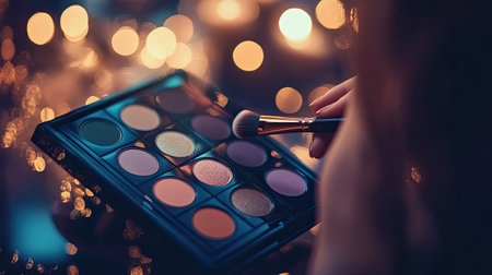 Beauty detail shot contouring palette in hand as artist uses brush to enhance facial features. Professional and inviting beauty studio.の素材