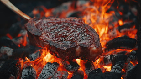 A bone-in Tomahawk steak over an open grill, glowing embers providing intense, direct heat.の素材
